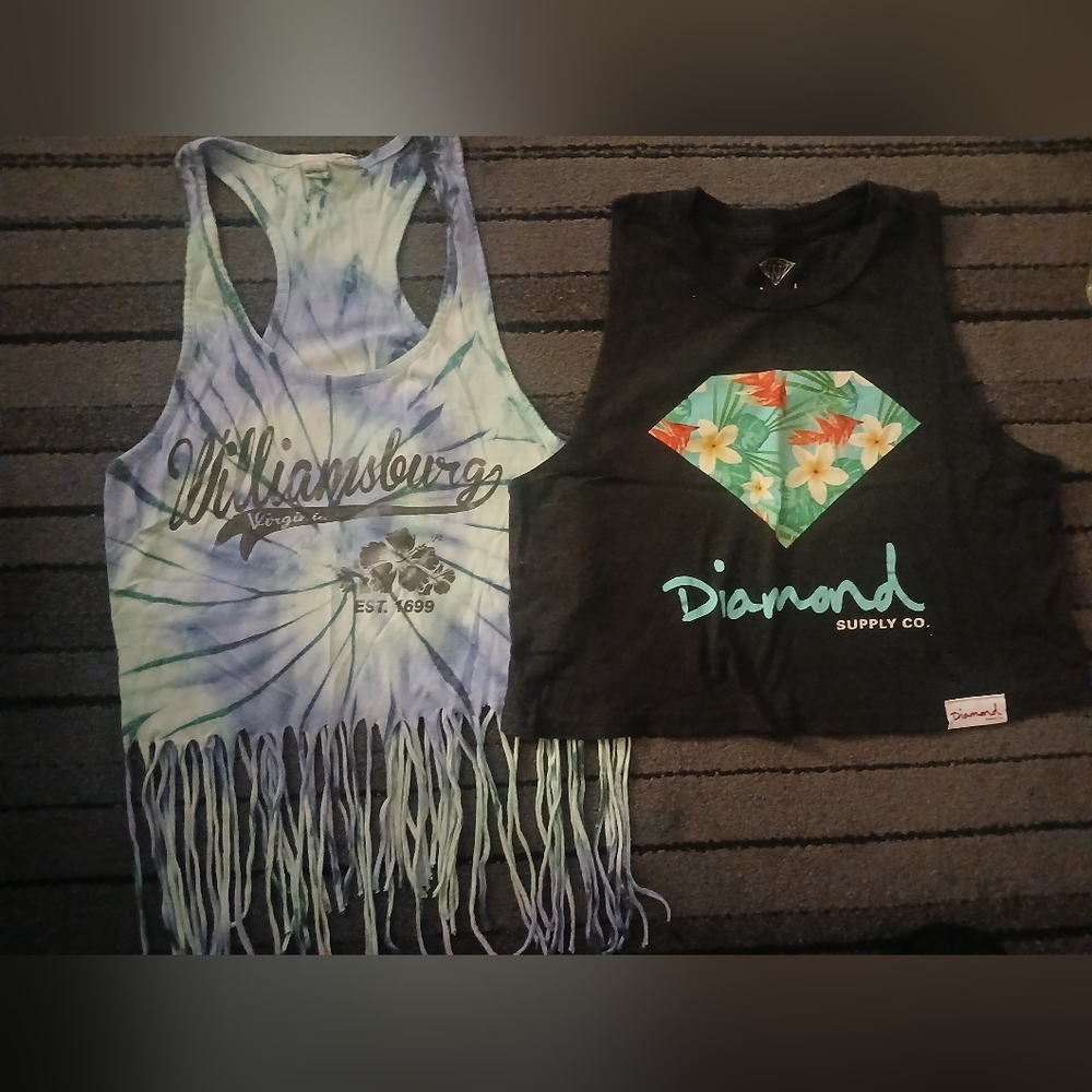 Lot Of 2 Like New Diamond Supply Co. Black Crop & Blue Fringe Tanks Sz S